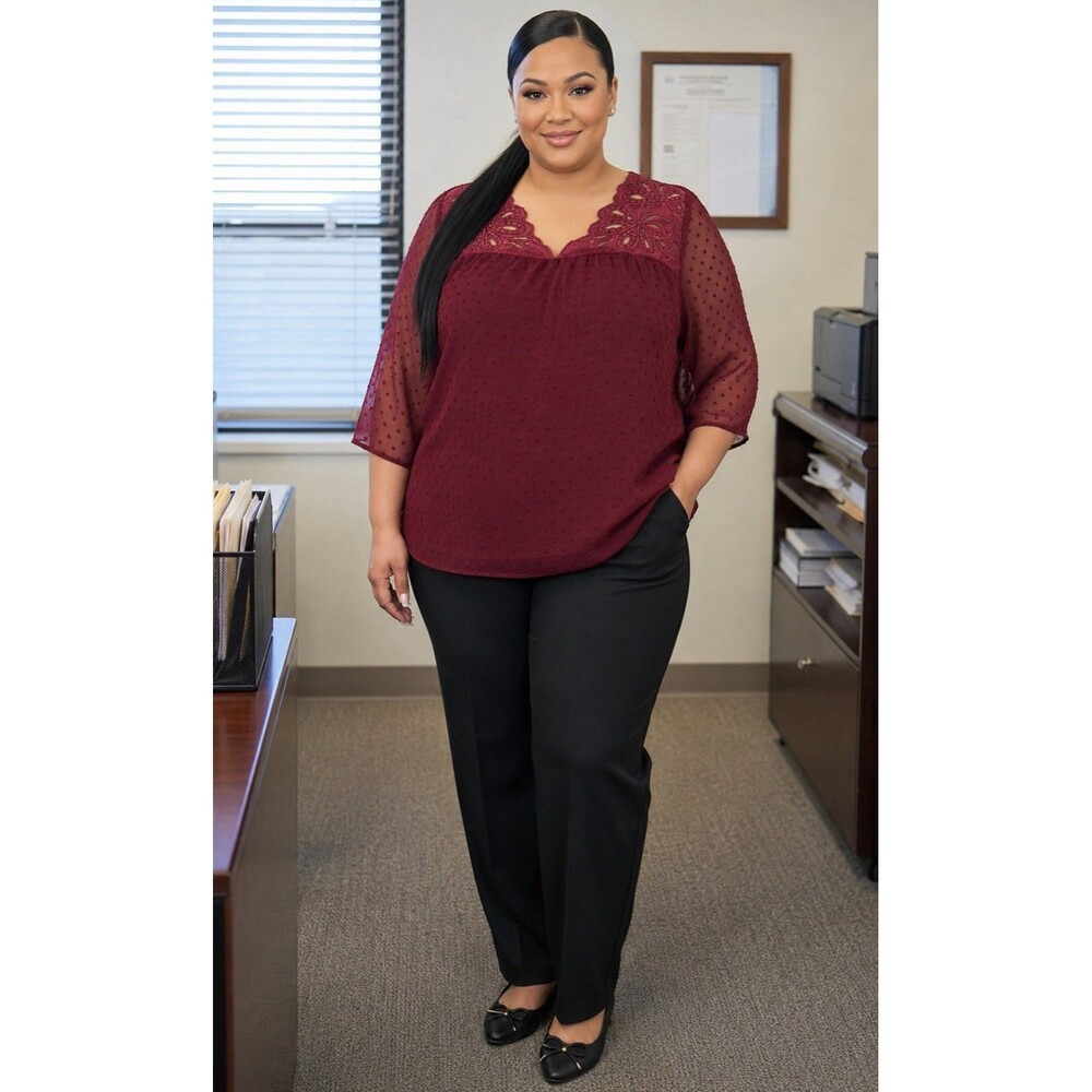 Style & Co Women Plus Size 2X Burgundy Swiss Dot Velvet Trim Sheer Dressy Blouse
